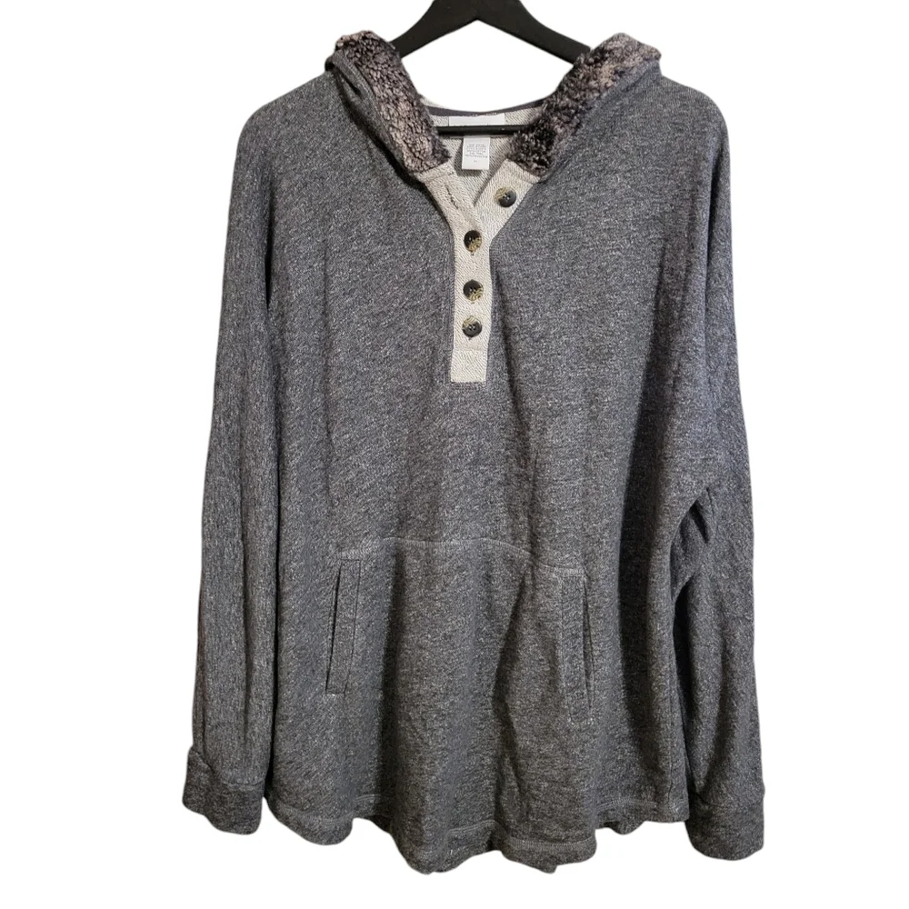 Soft Surroundings Faux Fur Trim Gray Henley Top